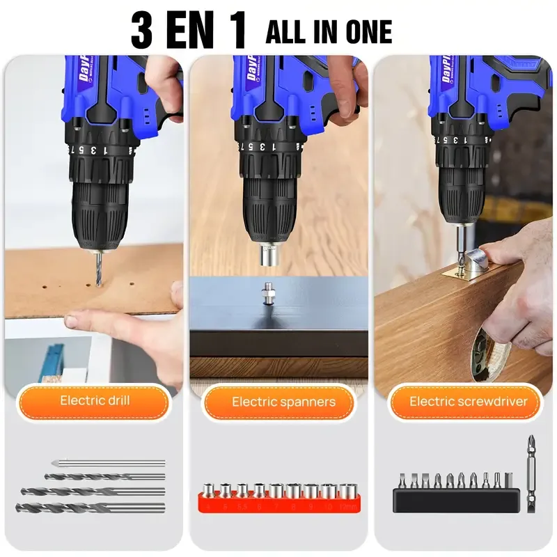 Local warehouse21V Cordless Drill, Electric Drill Set, 45Nm Cordless Combi Drill with 25+1 Torque Setting, Large LI-ion Battery, 26pcs Accessories, 2 Variable Speed, LED Work Light, Home And Garden DIY Project Kit