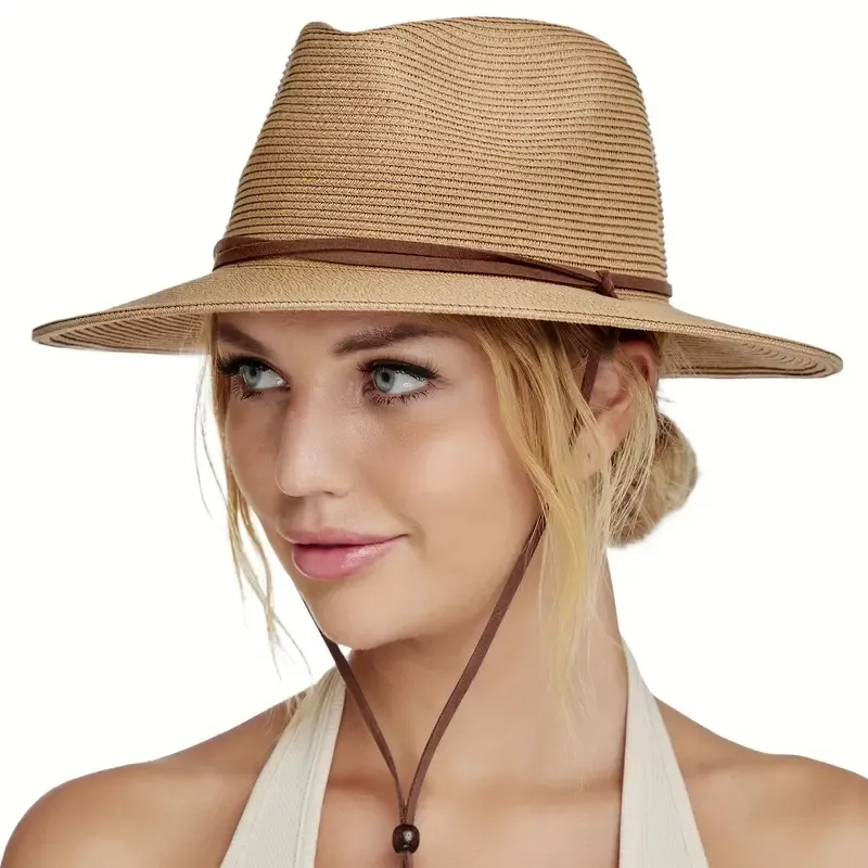 Women's Wide Brim Straw Sun Hat with Wind Lanyard - Breathable, UV Protection Panama Beach Cap
