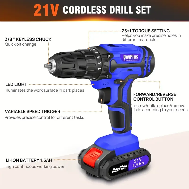 Local warehouse21V Cordless Drill, Electric Drill Set, 45Nm Cordless Combi Drill with 25+1 Torque Setting, Large LI-ion Battery, 26pcs Accessories, 2 Variable Speed, LED Work Light, Home And Garden DIY Project Kit