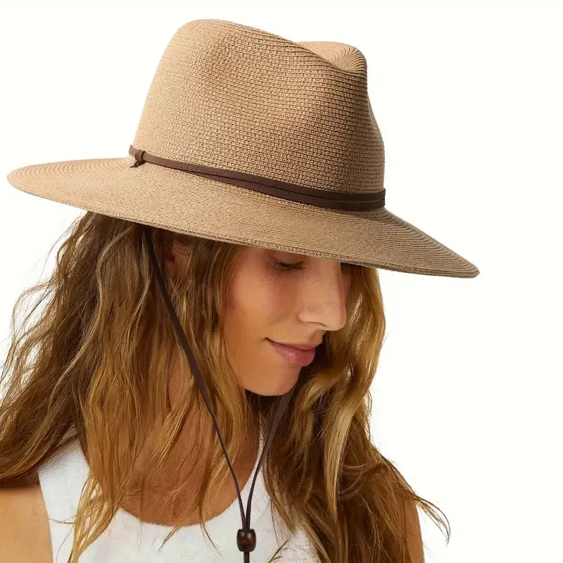 Women's Wide Brim Straw Sun Hat with Wind Lanyard - Breathable, UV Protection Panama Beach Cap