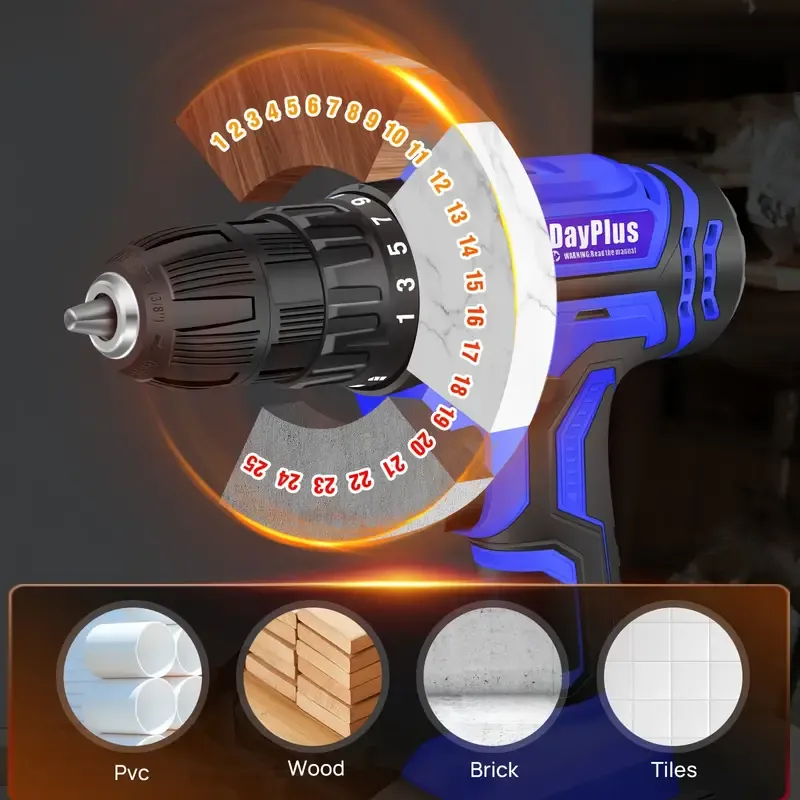 Local warehouse21V Cordless Drill, Electric Drill Set, 45Nm Cordless Combi Drill with 25+1 Torque Setting, Large LI-ion Battery, 26pcs Accessories, 2 Variable Speed, LED Work Light, Home And Garden DIY Project Kit