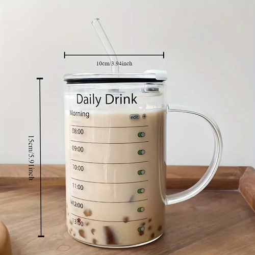 1000ml Glass Drinking Cup with Lid and Straw - High Borosilicate Glass Daily Drink Mug with Time Marker - Patterned Versatile Drinkware for Iced Coffee, Juice, Milk, Tea - Durable and Stylish Glassware