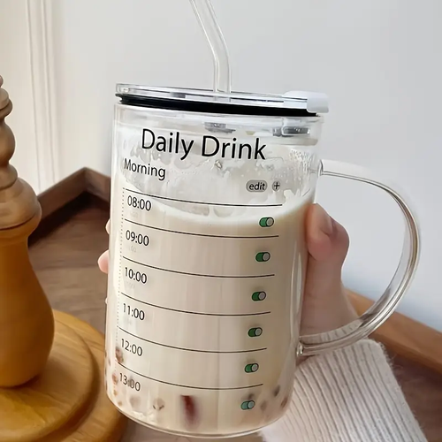 1000ml Glass Drinking Cup with Lid and Straw - High Borosilicate Glass Daily Drink Mug with Time Marker - Patterned Versatile Drinkware for Iced Coffee, Juice, Milk, Tea - Durable and Stylish Glassware