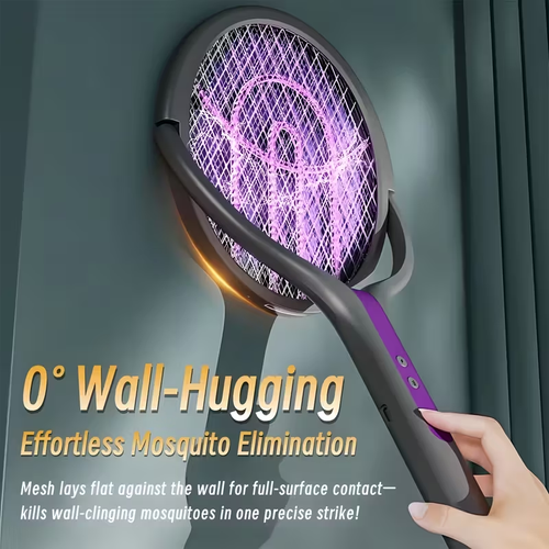 2-in-1 Foldable Retractable Electric Mosquito Swatter & Rechargeable Fly Swatter with Purple Insect Light - USB-Powered Extendable Pole for Indoor, Office, Backyard, Camping - Portable Mosquito Killer, Mosquito Killer Device, Modern Aesthetic, Durable Construction