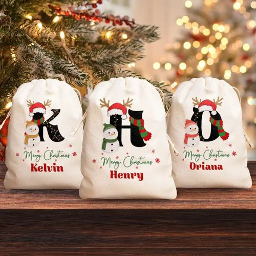 Name Monogram Snowman Merry Christmas - Personalized Favor Bag