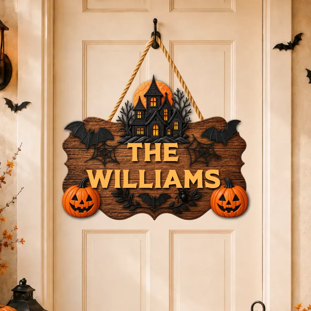 Personalized Halloween Witch Hat Family Door Sign, Custom Wooden Hanging Decoration
