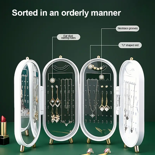 1pc Jewelry Box with 21.01cm Tall Clear Viewing Panel, 4-Fold Design for Space-Saving Storage, Durable Plastic Material, Ideal for Dressing Table, Earrings, Necklaces & More - Adds Home Organization Charm, Jewelry Towers