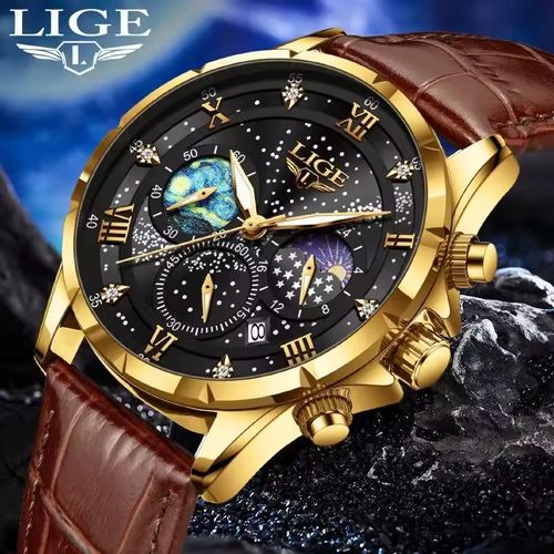 LIGE 89107 Men Watches Date Business Casual Clock Fashion Luxury Quartz Leather Strap Moon Phase Waterproof Luminous  Wristwatch
