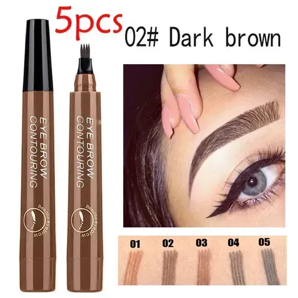 Lápis de sobrancelha à prova d'água de 5 cores, lápis de sobrancelha de 4 pinos, tatuagem de sobrancelha de longa duração, lápis de sobrancelha líquido marrom escuro natural. (Conjunto, um de cada uma das cinco cores)