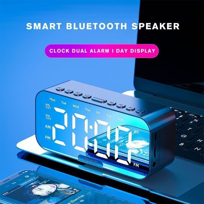 Alto-falante Bluetooth com Microfone, Espelho com Relógio, Rádio FM, Temporizador e Reprodutor de Música.