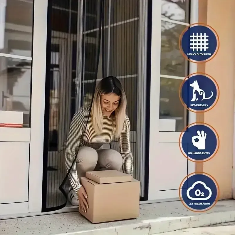 Cortina de janela de tela macia listrada, anti-mosquito respirável com fecho magnético, fácil de limpar, adequada para porta de 36 x 82 polegadas