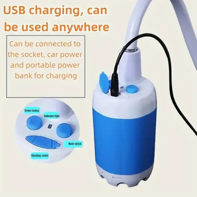 Sistema de irrigação com carregamento USB para chuveiro portátil. Adequado para caminhadas e escaladas.