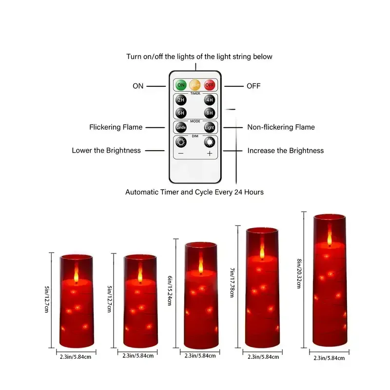 Nimiko 5 LED Flameless Candles Battery Powered Candles, Flickering LED Cylindrical Candles with Embedded Star String, Acrylic LED Cylindrical Candles with Remote Control And Timer, Suitable for Home Decoration, Valentine'S Day Gifts, Wedding Decoration, Creating a Romantic Atmosphere for Valentine'S Day