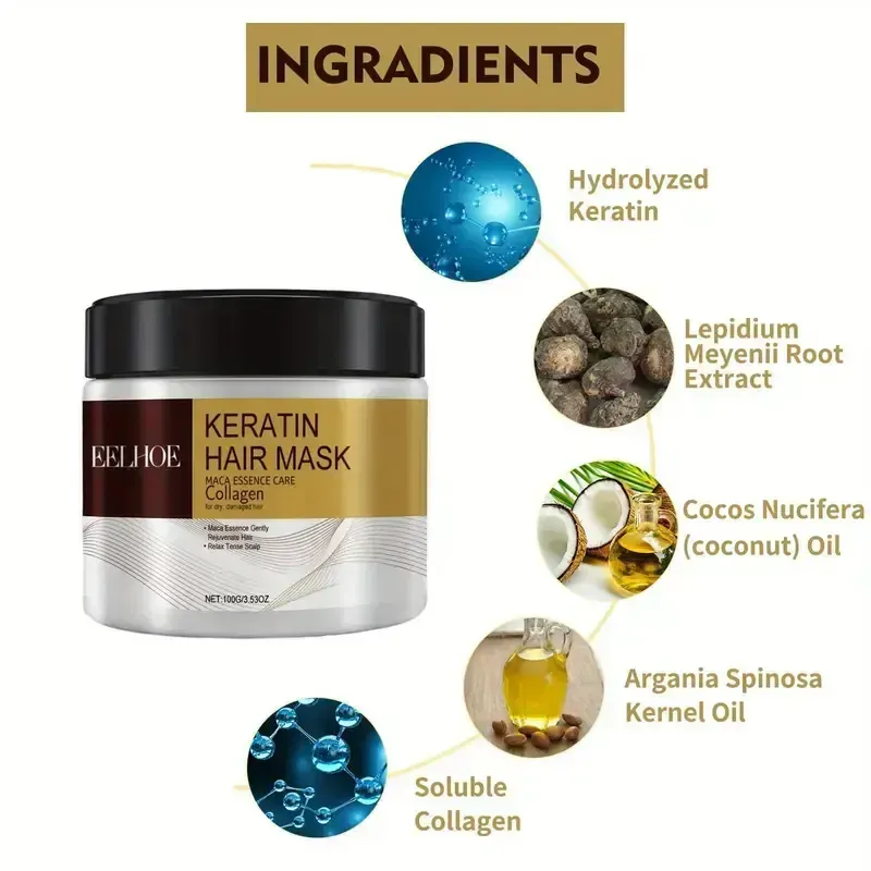 Máscara capilar de colágeno, máscara capilar de colágeno e óleo de argan, repara cabelos danificados, adequada para cabelos lisos, cacheados, coloridos e com permanente.