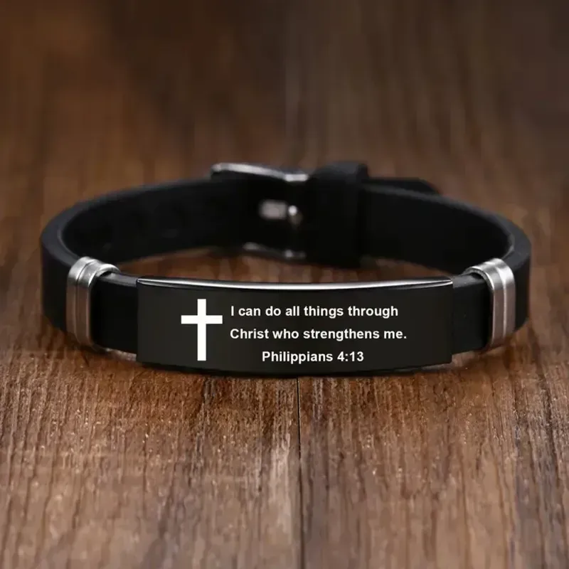 Pulseira masculina ajustável de aço inoxidável preta e prata da Bíblia