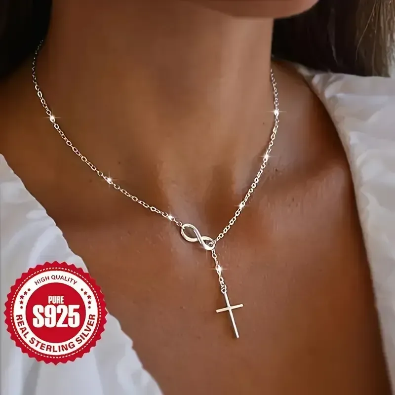 Colar pendente cruz infinito sortudo em forma de 8 em prata pura S925 luxuosa