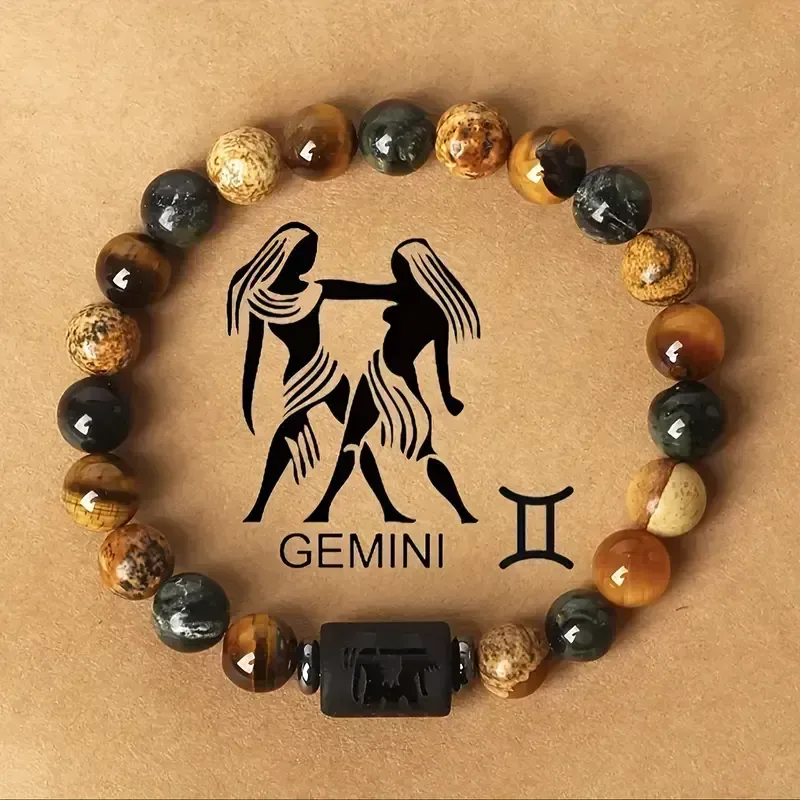 1 pulseira de contas de pedra natural com astrologia do zodíaco, designs de 12 constelações da moda, joias personalizadas do signo do zodíaco, presente ideal de aniversário ou dia dos namorados, 7,48 polegadas