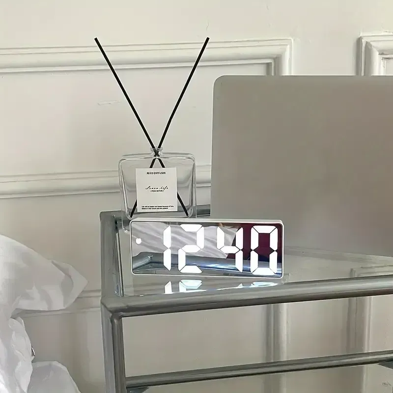 Modern LED Mirror Table Alarm Clock - Digital Snooze Display, Time, Date, and Temperature - USB Powered, Compact, and Energy-Efficient Desktop Night Light for Bedroom, Office, or Home Decor