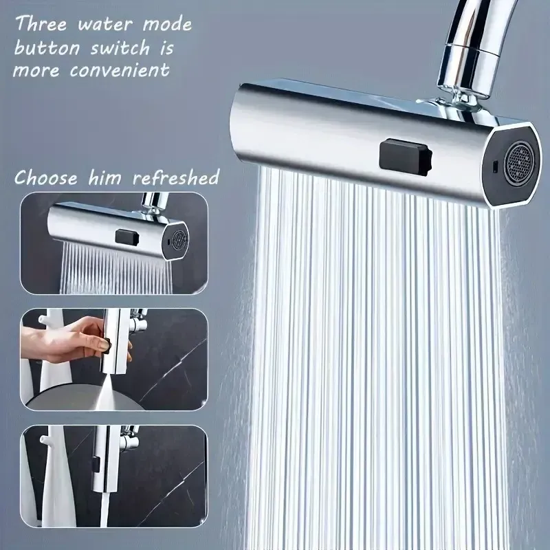 Adaptador de torneira multifuncional universal ABS, fluxo em cascata de 3 velocidades, cabeça de spray giratória à prova de respingos, sem necessidade de eletricidade, fácil instalação, atualização elegante