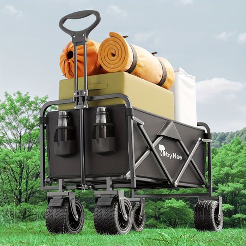 Reboque dobrável dobrável, carrinho utilitário resistente de 330 libras com rodas todo-terreno, viagem de reboque para a praia, relvado, desporto, campismo, pesca, churrasco, preto