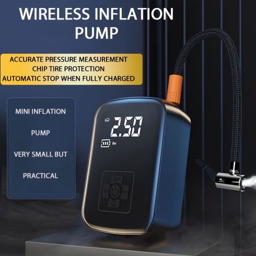 Um compressor de ar portátil para automóvel com bomba portátil sem fios e luz, adequado para encher e comprimir pneus de automóveis e motociclos.
