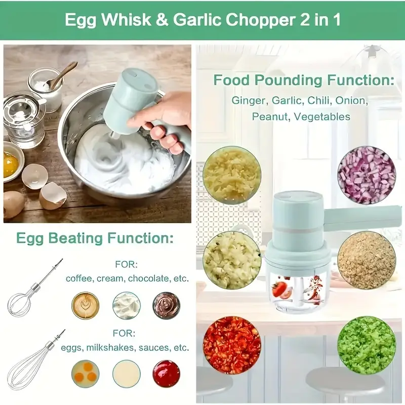 Multifunctional electric garlic masher, blender, egg beater, manual kitchen cake mixer, meat grinder, garlic grater all-in-one