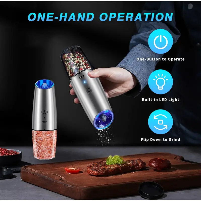 Limited time offer！Electric Salt and Pepper Grinder, USB Rechargeable Salt and Pepper Grinder, Adjustable Thickness, Automatic Stainless Steel Salt Grinder Spice Bottle with LED Light