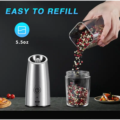 Limited time offer！Electric Salt and Pepper Grinder, USB Rechargeable Salt and Pepper Grinder, Adjustable Thickness, Automatic Stainless Steel Salt Grinder Spice Bottle with LED Light
