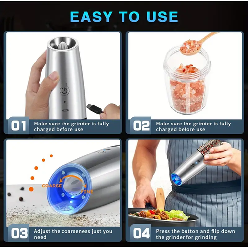 Limited time offer！Electric Salt and Pepper Grinder, USB Rechargeable Salt and Pepper Grinder, Adjustable Thickness, Automatic Stainless Steel Salt Grinder Spice Bottle with LED Light