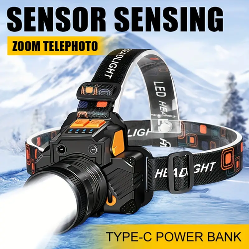 LED Rechargeable Headlamp, Super Bright White Laser Spotlight & Floodlight, Adjustable Focus, 90° Tilt, 3 Lighting Modes, Induction Headlamp, Perfect For Camping, Hunting, Fishing, Hiking