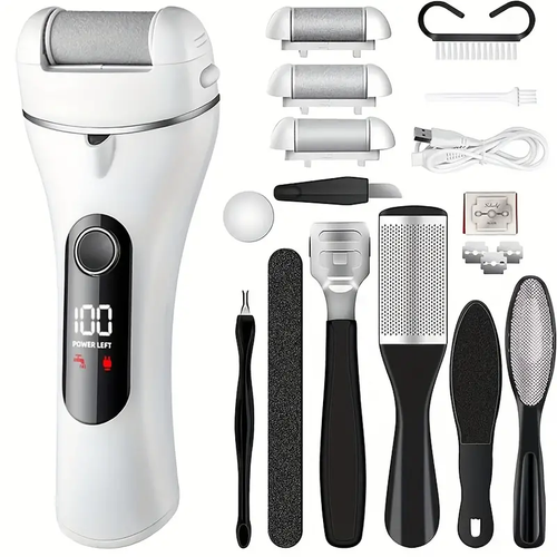 Rechargeable Electric Foot Callus Remover Kit - 14-in-1 Professional Pedicure Set With Foot File, Foot Scrubber, 3 Rollers, 2 Speed, Battery Display, Removing Dry And Hard Skin
