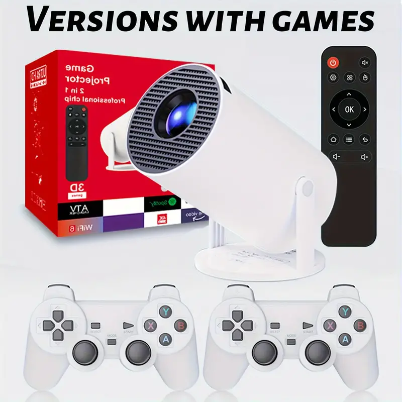 Projector With 10 000+ Games, 2 Gamepads Included, 270° Adjustable Stand Outdoor Portable Movie Projector With WiFi And BT, 1080P Support, Auto-Calibrate Home Projector For Mobile Phones TV Sticks