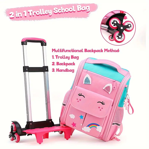 1pc Fashionable Girls Elementary School Trolley Backpack with 6 Silent Wheels ,Durable ABS, Lightweight and Adjustable, Multi-Compartment with Detachable Aluminum Alloy Rods for School and Travel, Available in Pink,Blue,Black, Backpack for School