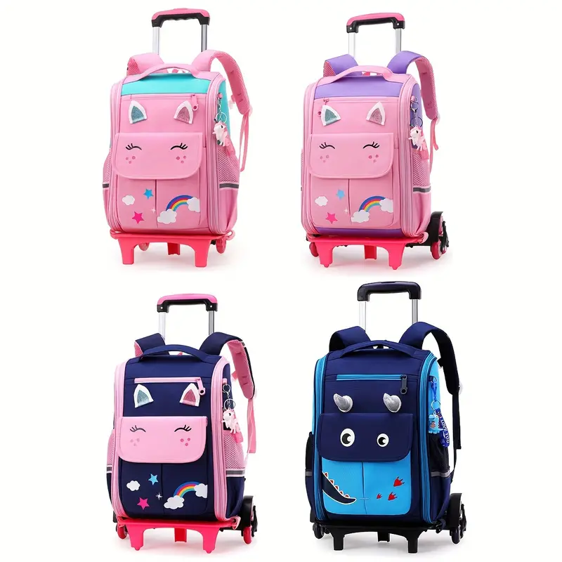 1pc Fashionable Girls Elementary School Trolley Backpack with 6 Silent Wheels ,Durable ABS, Lightweight and Adjustable, Multi-Compartment with Detachable Aluminum Alloy Rods for School and Travel, Available in Pink,Blue,Black, Backpack for School