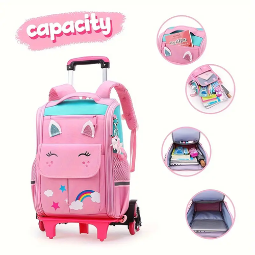 1pc Fashionable Girls Elementary School Trolley Backpack with 6 Silent Wheels ,Durable ABS, Lightweight and Adjustable, Multi-Compartment with Detachable Aluminum Alloy Rods for School and Travel, Available in Pink,Blue,Black, Backpack for School