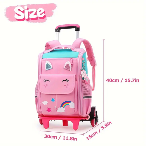 1pc Fashionable Girls Elementary School Trolley Backpack with 6 Silent Wheels ,Durable ABS, Lightweight and Adjustable, Multi-Compartment with Detachable Aluminum Alloy Rods for School and Travel, Available in Pink,Blue,Black, Backpack for School