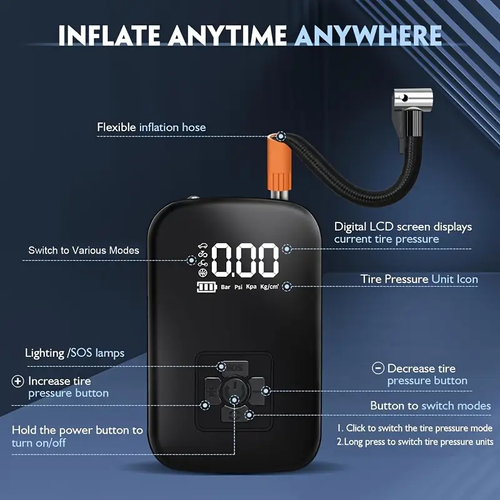 1pc Digital Display Portable Air Compressor Pump with LED Light, USB Charging, Rechargeable Lithium Battery, for Tire Inflation, Car,Bike,Motorcycle,Ball, Quieter & Longer Lasting, Intelligent Temperature Control