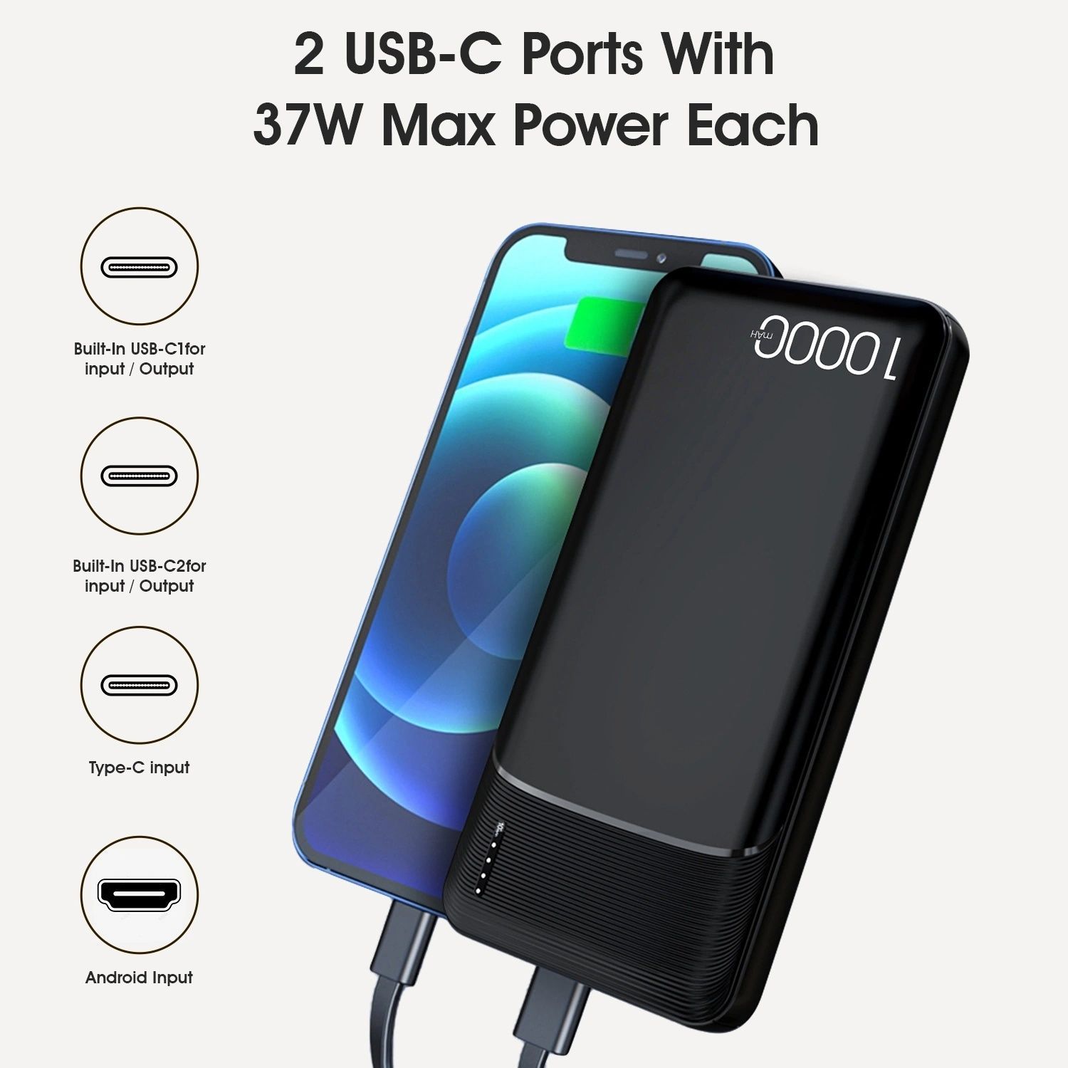 10000 mAh PD portable charger, power bank