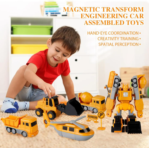 26-piece Magnetic Transforming Engineering Vehicle Assembly Toy, DIY Deformable Construction Vehicles with Storage Box