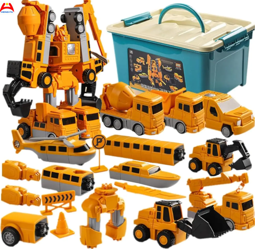26-piece Magnetic Transforming Engineering Vehicle Assembly Toy, DIY Deformable Construction Vehicles with Storage Box