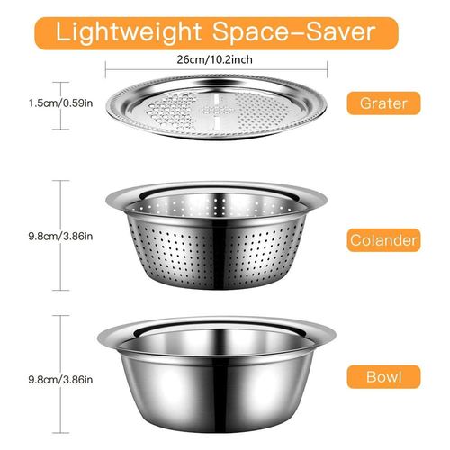 3-in-1 Colander, Mixing Bowl, and Drain Basket Set, Vegetable Chopper, Stainless Steel Grater and Drain Basket