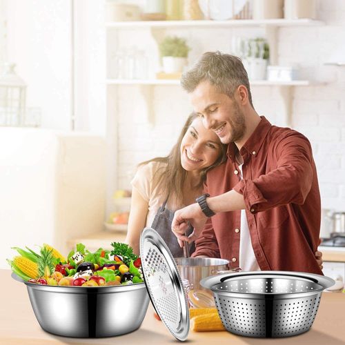 3-in-1 Colander, Mixing Bowl, and Drain Basket Set, Vegetable Chopper, Stainless Steel Grater and Drain Basket