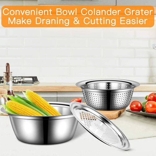 3-in-1 Colander, Mixing Bowl, and Drain Basket Set, Vegetable Chopper, Stainless Steel Grater and Drain Basket