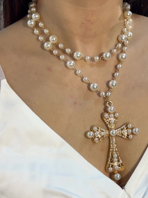 Rhinestone & Pearl Cross Necklace