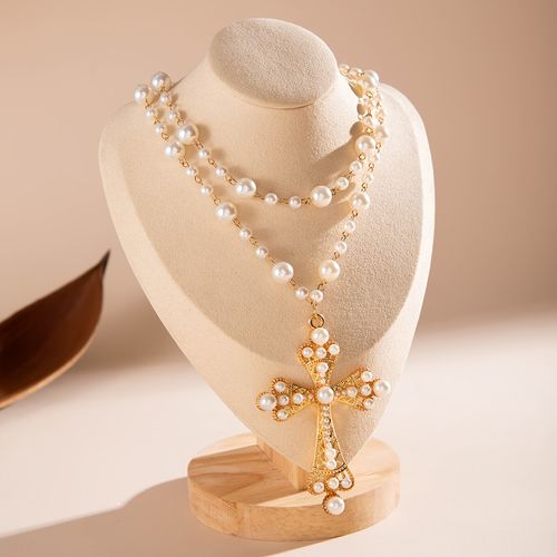 Rhinestone & Pearl Cross Necklace