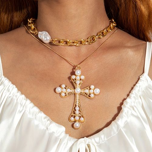 Rhinestone & Pearl Cross Necklace