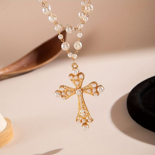 Rhinestone & Pearl Cross Necklace