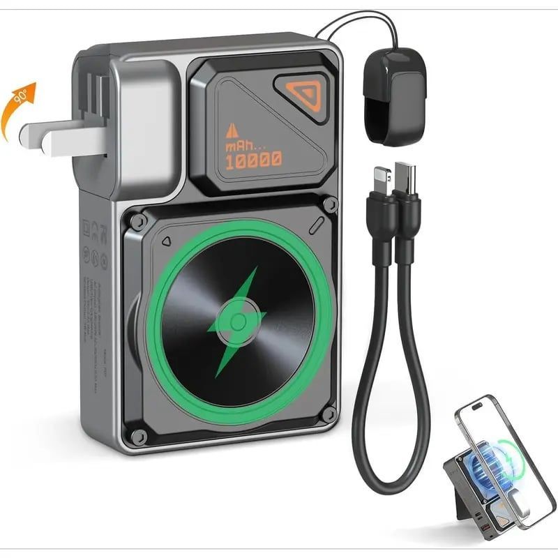 🔥49% Off 6-in-1 Magnetic Portable Power Bank 10000mAh Portable Charger with Integrated Cable and Foldable AC Plug