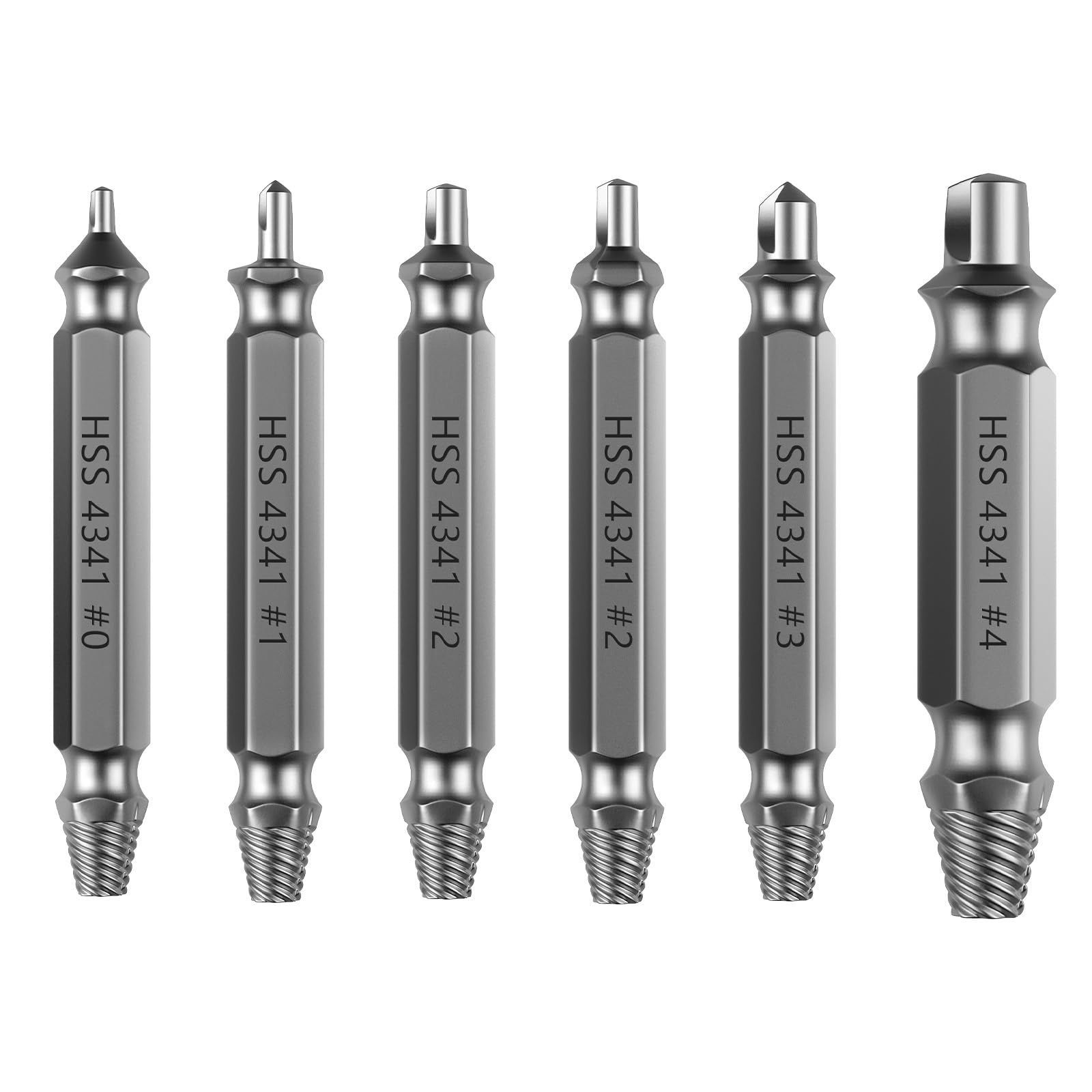 Set of 6 Damaged Screw Extractor Set - Double Head Sliding Screw Extractor for Broken Bolts - High Speed Steel (HSS) Screw Removal Tool Set for Power Drills
