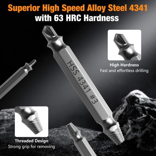 Set of 6 Damaged Screw Extractor Set - Double Head Sliding Screw Extractor for Broken Bolts - High Speed Steel (HSS) Screw Removal Tool Set for Power Drills